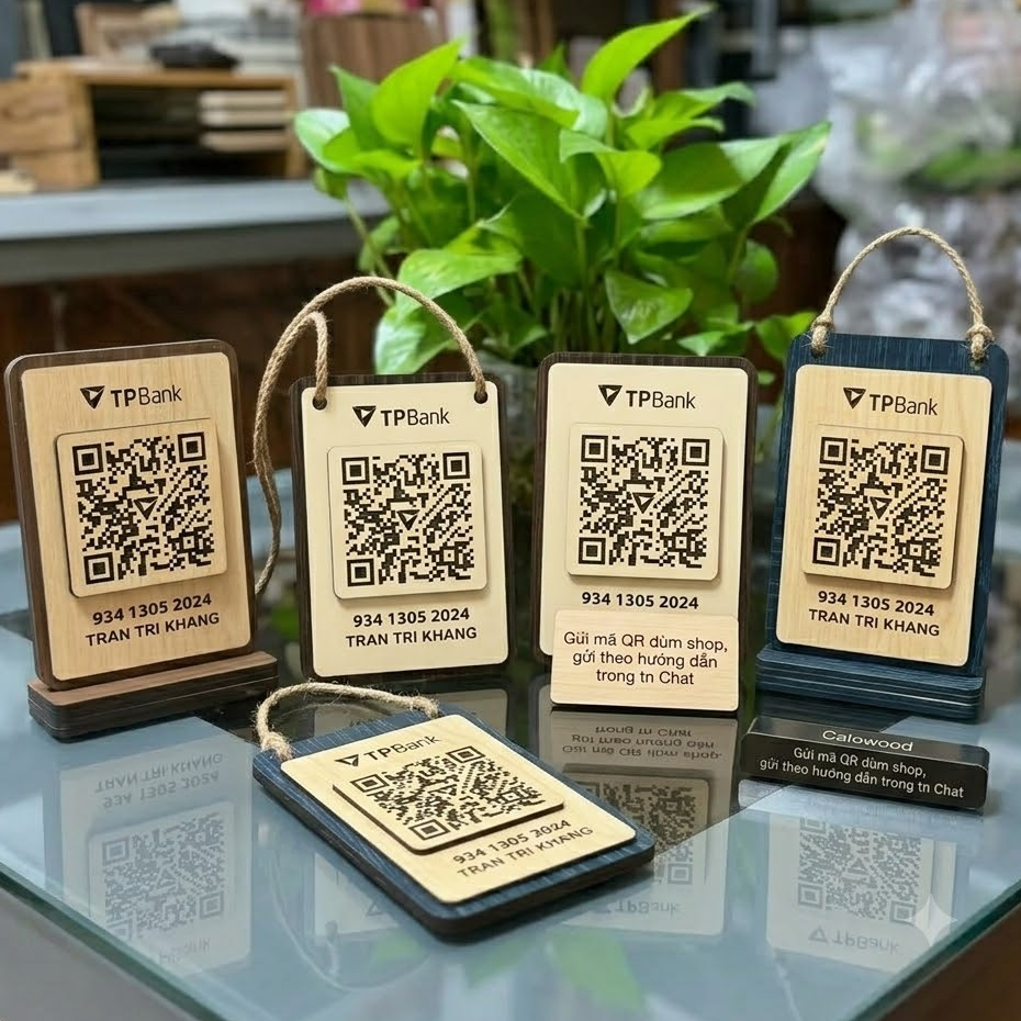 -QR START FOR SHOP - กระดานไม้พร้อมพิมพ์รหัส QR bank, Wifi, QR code สําหรับโต๊ะ/แขวนสตริงสลักขออัพออ