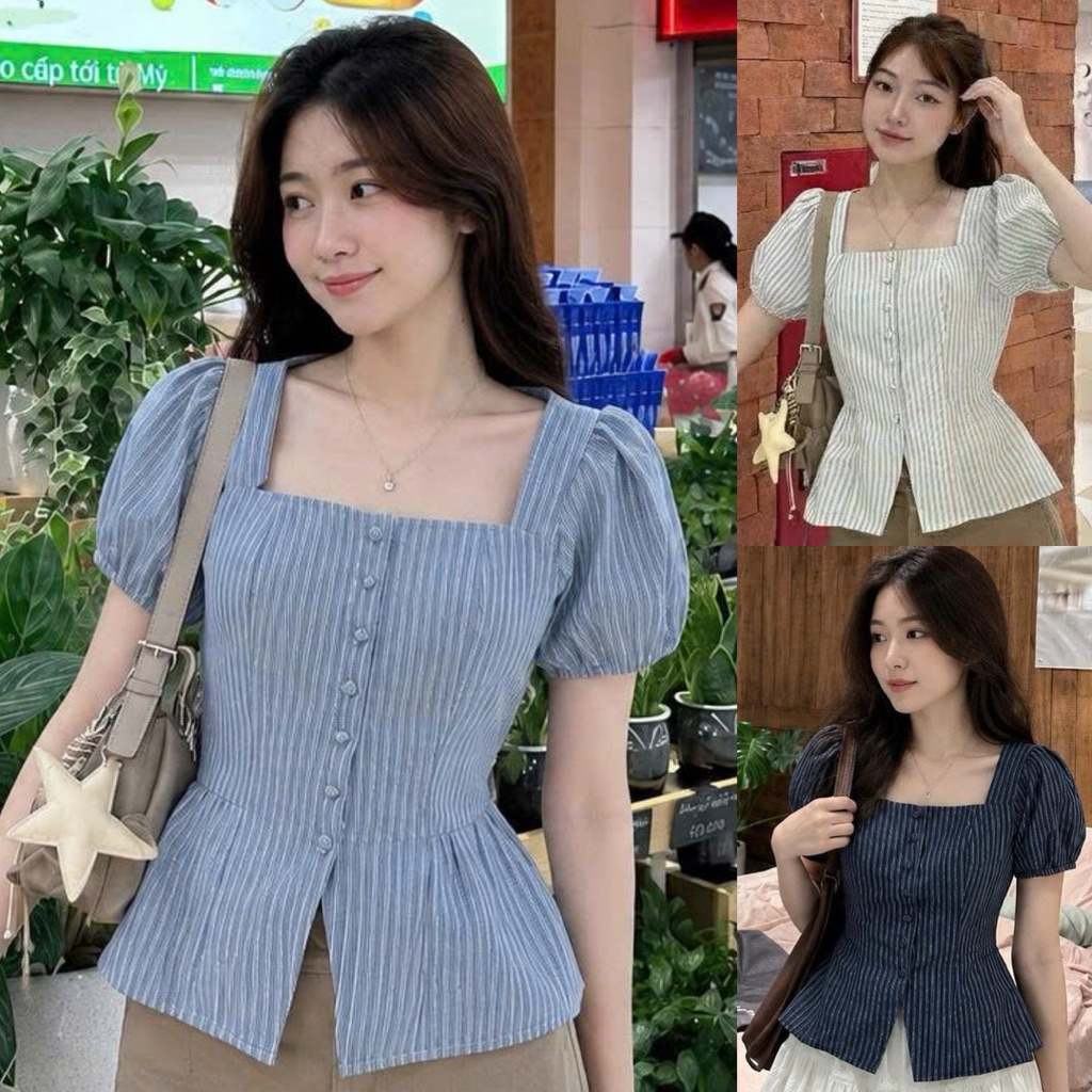 LUMI BOUTIQUE TNK06 เสื้อเชิ้ตคอเหลี่ยมแขนสั้นลายทางแฟชั่นสตรี