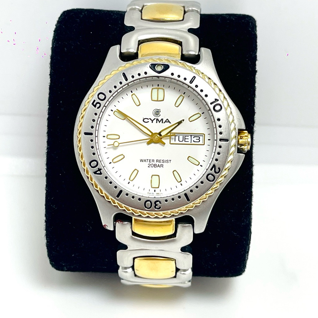 CYMA Vintage Mens Vip Watch with Swivel Bezel, Herringbone Strap, Very Beautiful 38mm Dark Gold Cove