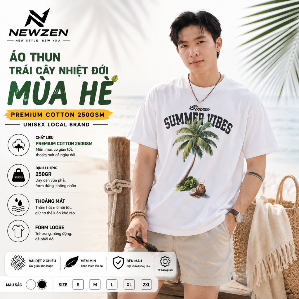 NEWZEN รูปแบบ Oversize เสื้อยืดผ้าฝ้าย Unisex 250GSM, พิมพ์กราฟิก Tropical ฤดูร้อนมะพร้าวฤดูร้อนผู้ช