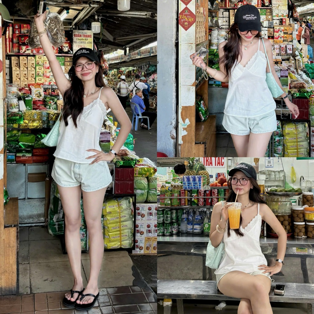 (OLDSCHOOL) เสื้อเชิ้ตผ้าลินิน 2 ชิ้นสําหรับฤดูร้อนของผู้หญิง แต่งลูกไม้ V A5645 PETTY Top.
