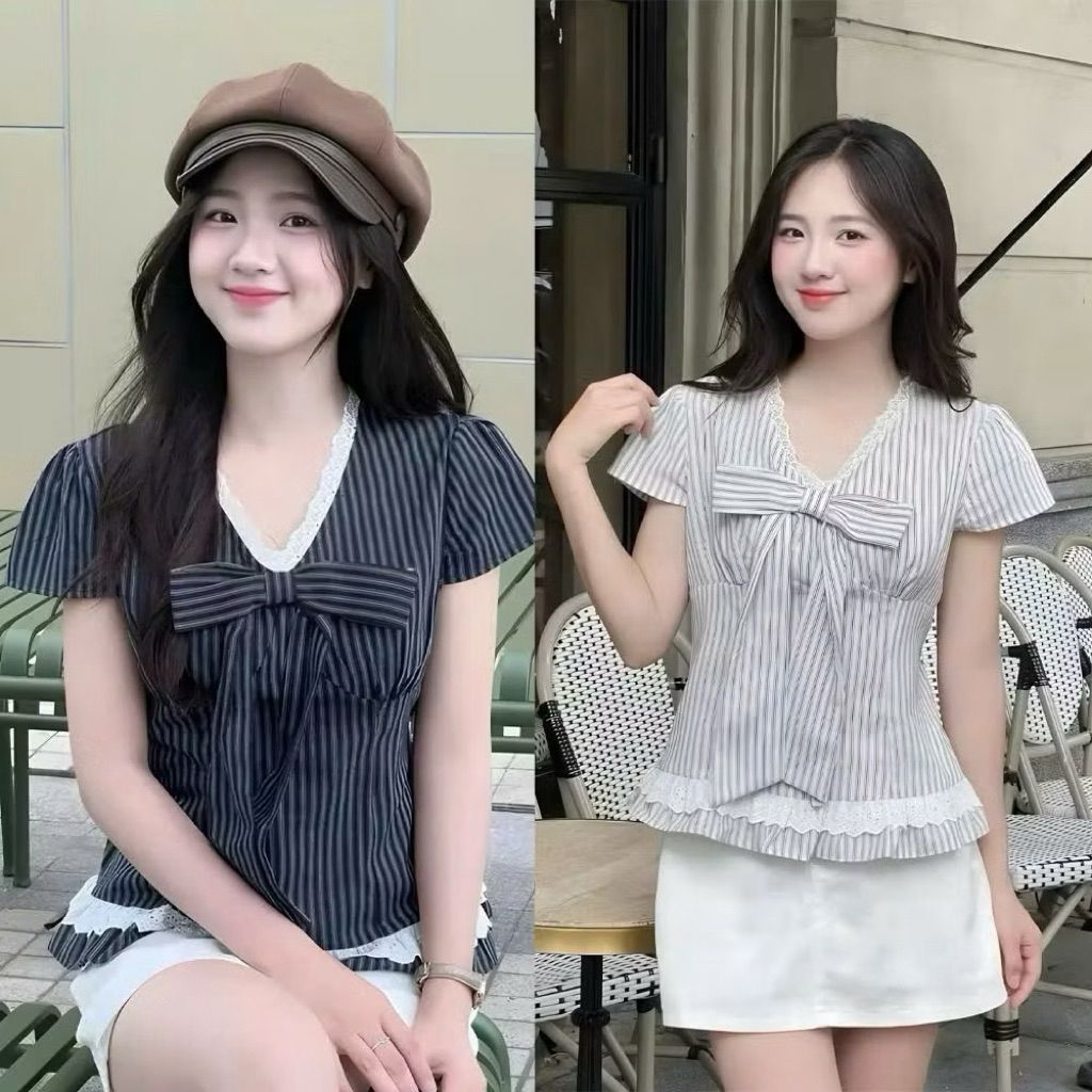 เสื้อลูกไม้คอเต่าลายสก๊อตเลดี้สวยมากมีโบว์ ชม. SMS565