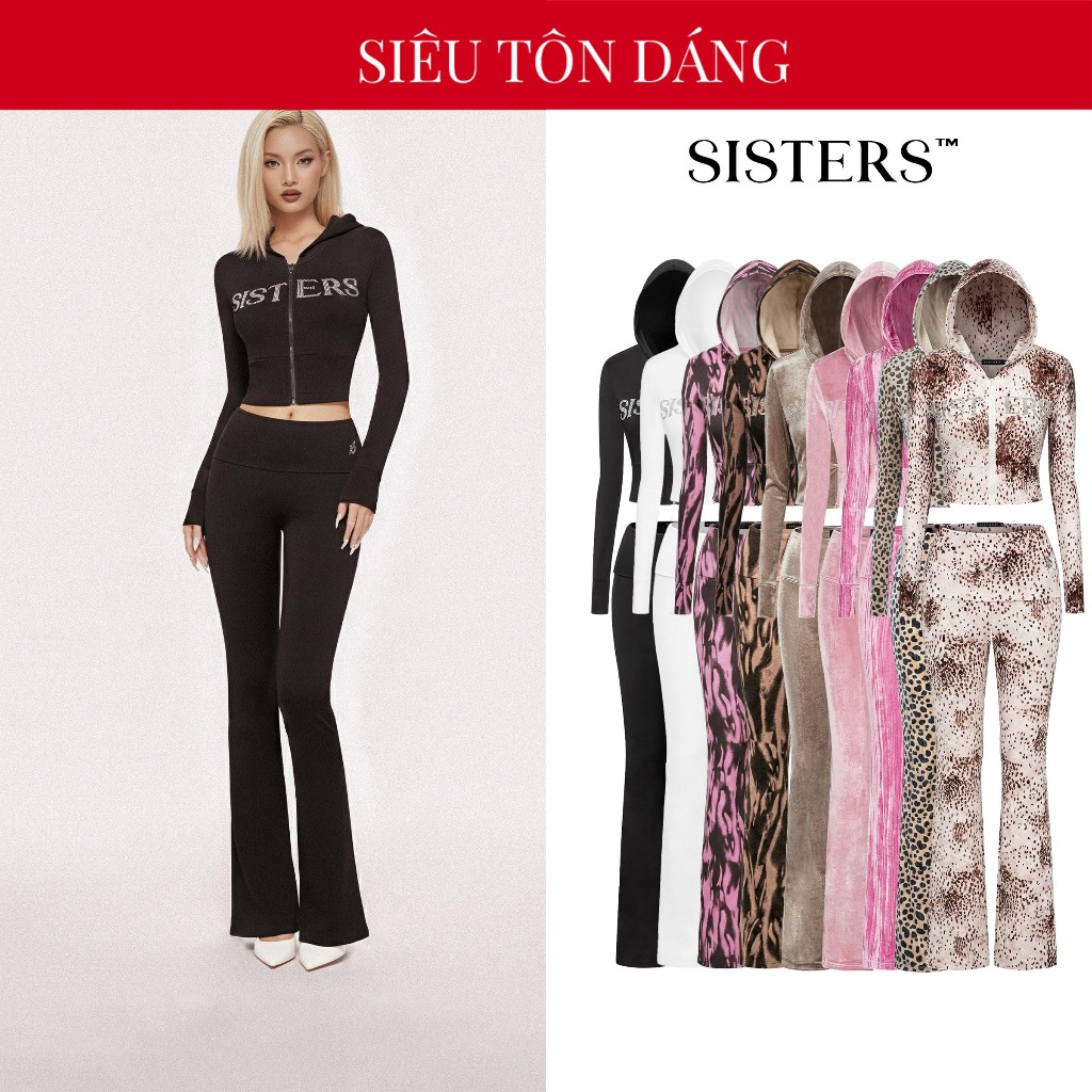 SISTERS womens Set เสื้อแจ็คเก็ตและกางเกงขาบานลายลูกปัดวิบวับ มีฮู้ด โลโก้สแตนเลส Caspian หรูหรา | เอสเอส-ส61