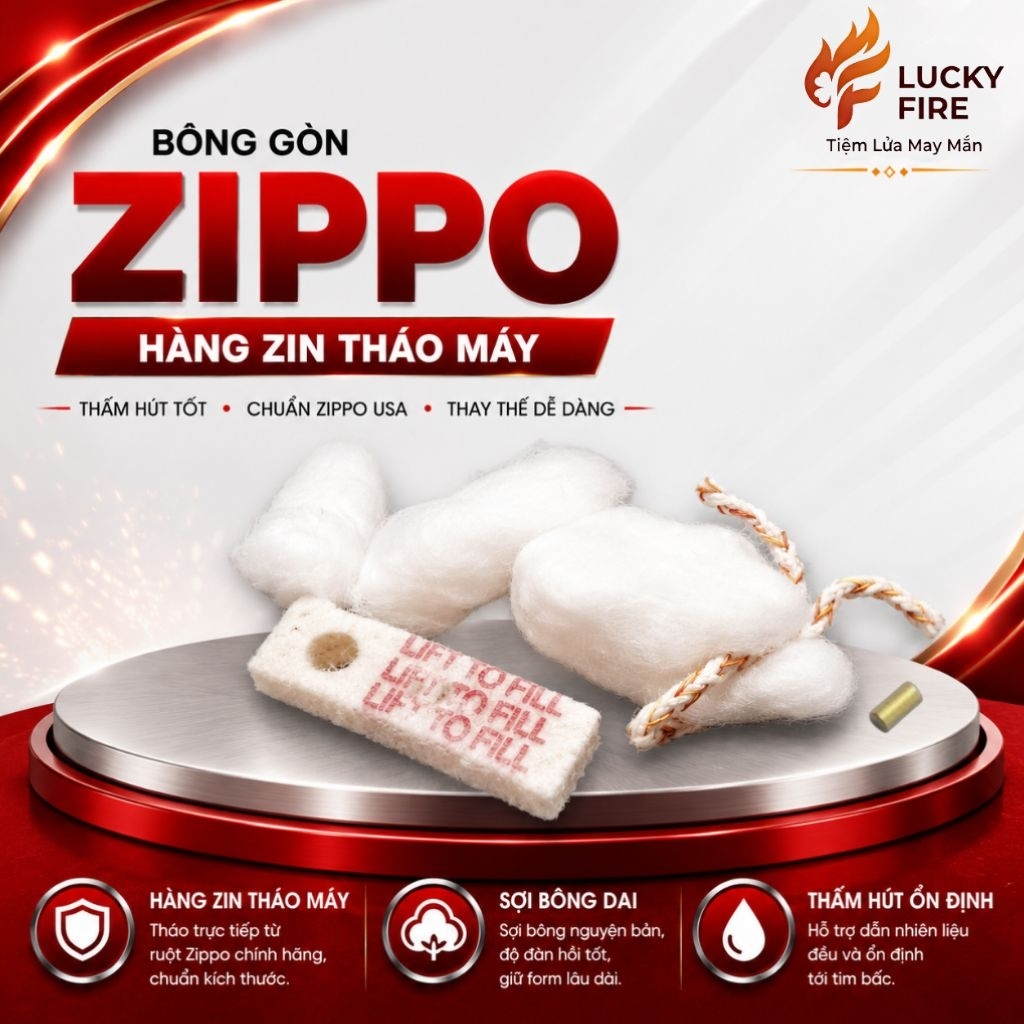 COTTON ของแท้ถอดจากไส้ Zippo ดั้งเดิม ชุด 4 ชิ้น (COTTON, FLINT, WICK,FELT PAD)