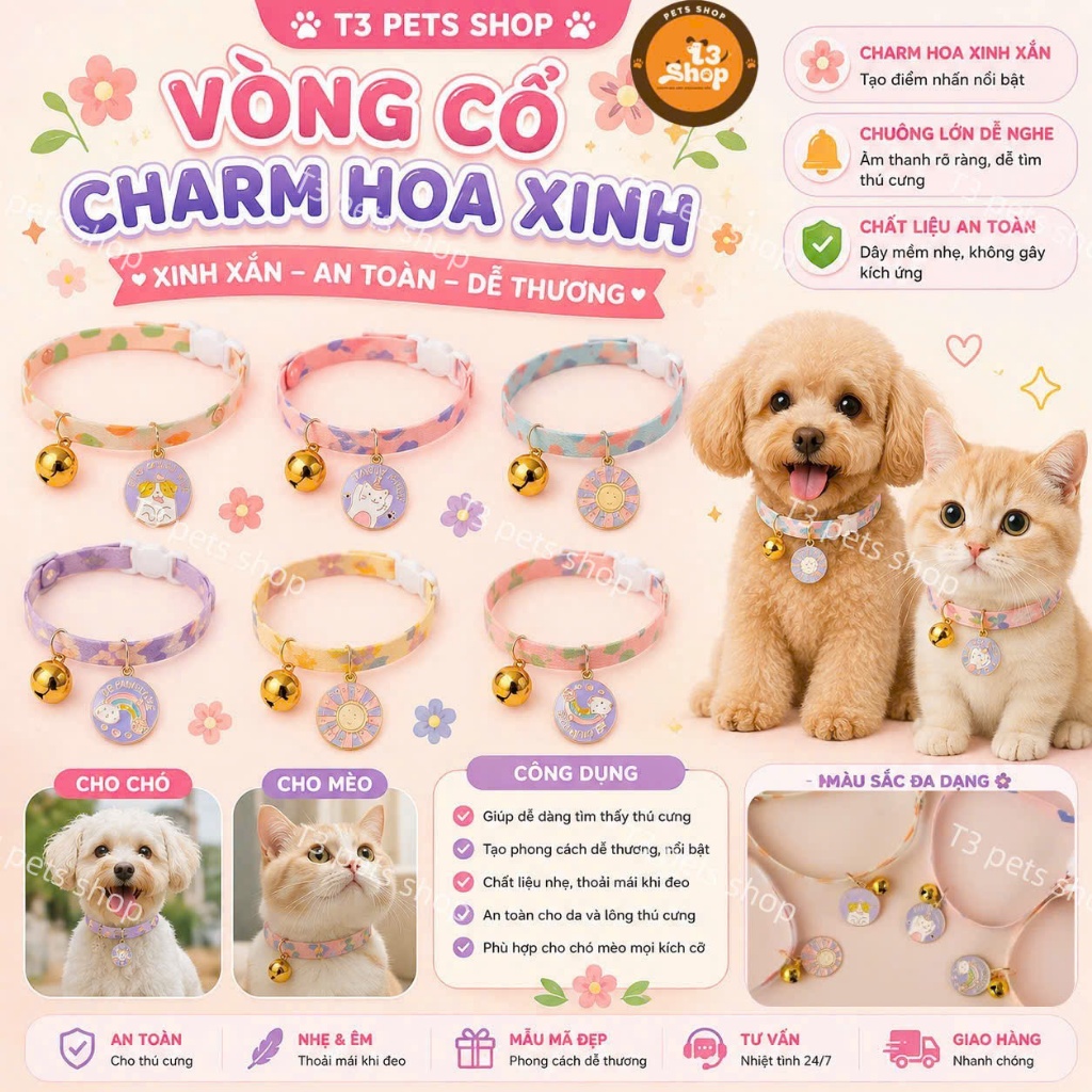 ปลอกคอชาร์ม HAPPY 1ซม. สําหรับสุนัขและแมว - T3 PETS SHOP