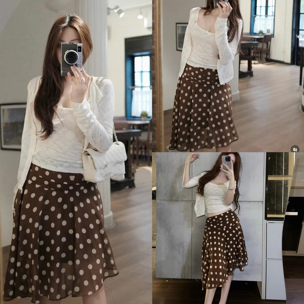 (พร้อมส่ง) เซตเสื้อลูกไม้ 2 ชิ้น มีโบว์และแจ็กเก็ตผสมกระโปรงลายจุดสีน้ําตาลสลิไลซ์ JYNNA TOP