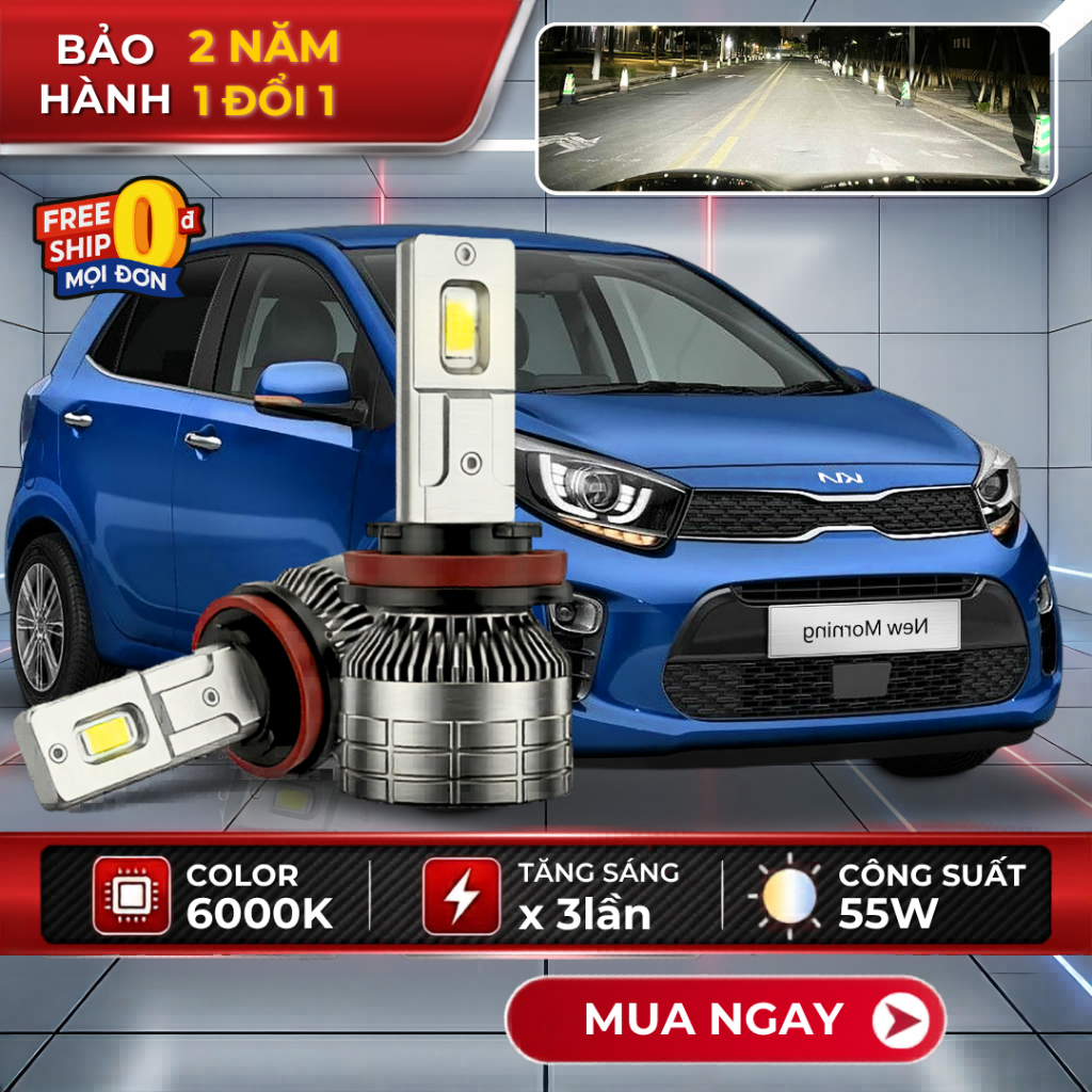 Kia Morning ไฟ LED H7 ปลั๊กสังกะสีสว่างเป็นพิเศษ 55W Betouch 2 ปี รถทุกรุ่น
