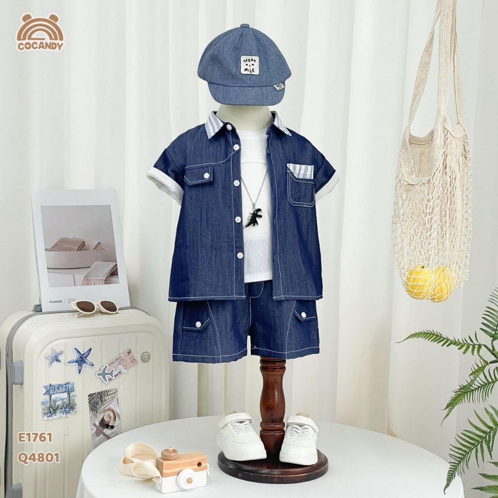 COCANDY Boys Set - เสื้อเชิ้ตยีนส์สีน้ําเงินคอปกลาย และกางเกงยีนส์ขาสั้น BLUE 6M-8Y B4341 E1761 Q480