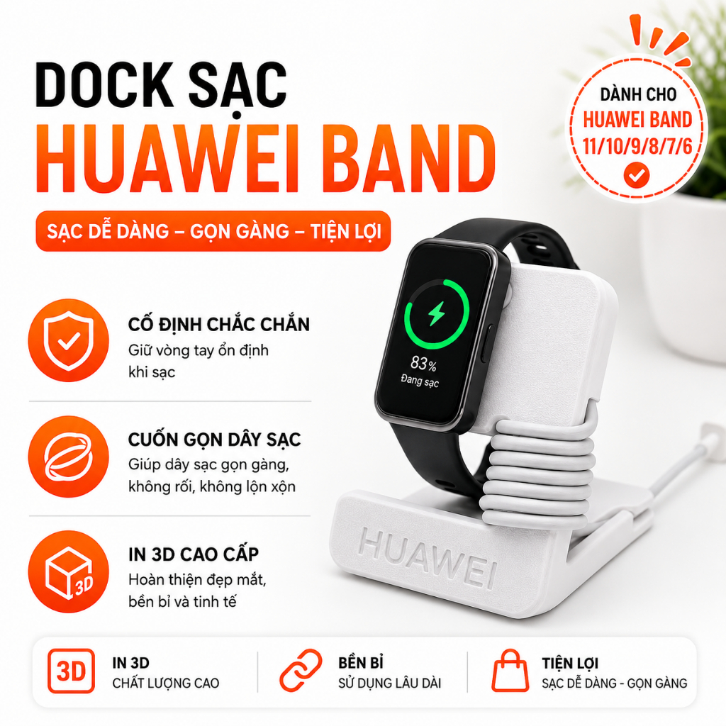 แท่นชาร์จไร้สาย Huawei Band 10/9/8/7/6 – แท่นชาร์จไร้สายพิมพ์ลาย PETG/PLA 3D พรีเมี่ยม