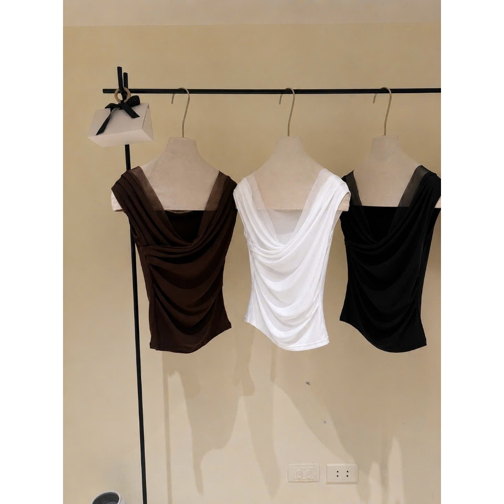 Basic LA MERALUXE เสื้อยืดตาข่าย Cross-Collar วัสดุยืดหยุ่นเชื่อมยืด 4 ทิศทาง LA44