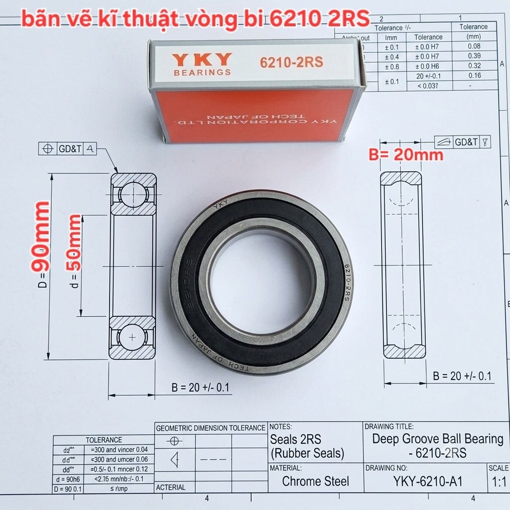 แบริ่ง 6210 2RS YKY (แกนกลาง 50x90x20mm)