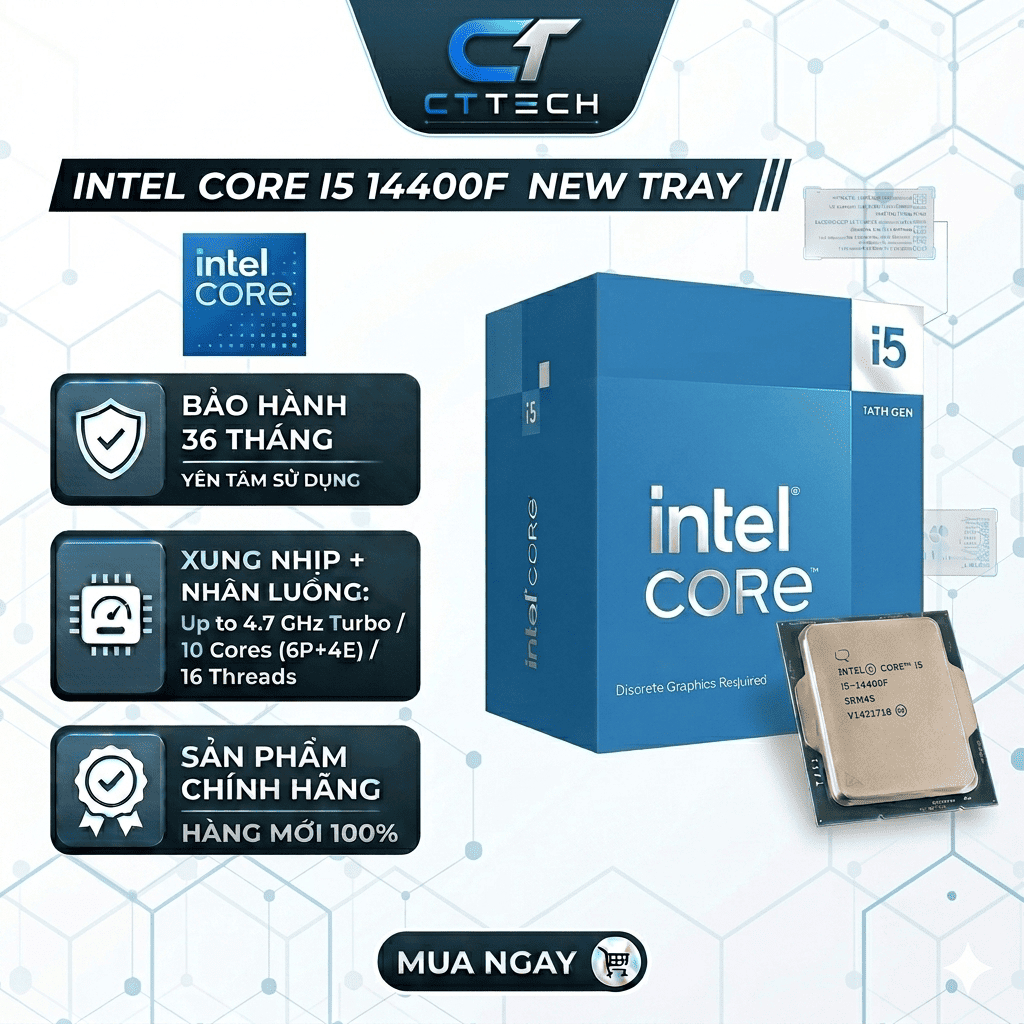 Intel Core i5 14400F CPU TRAY ใหม่ (10 แกน / 16 เกลียว สูงสุด 4.70GHz) BH 36T