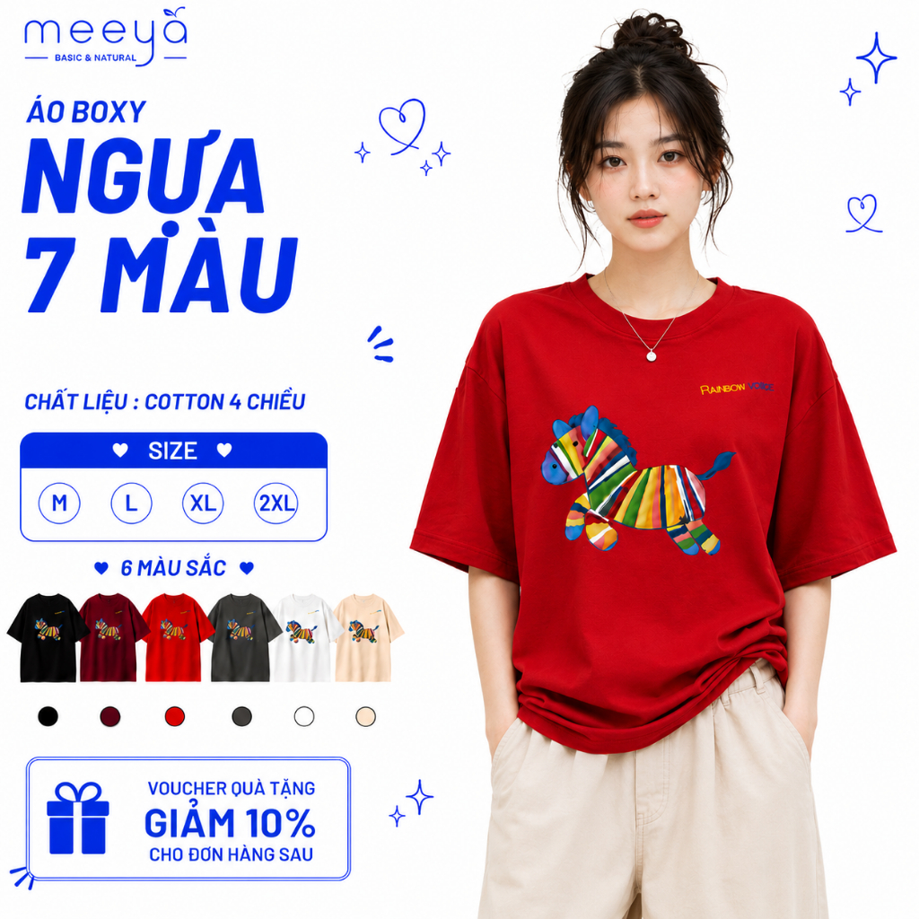 Boxy Cotton 4-Way Loose T-Shirt with Beautiful Cool 7-COLOR HORSE Print - Local Brand Meeya