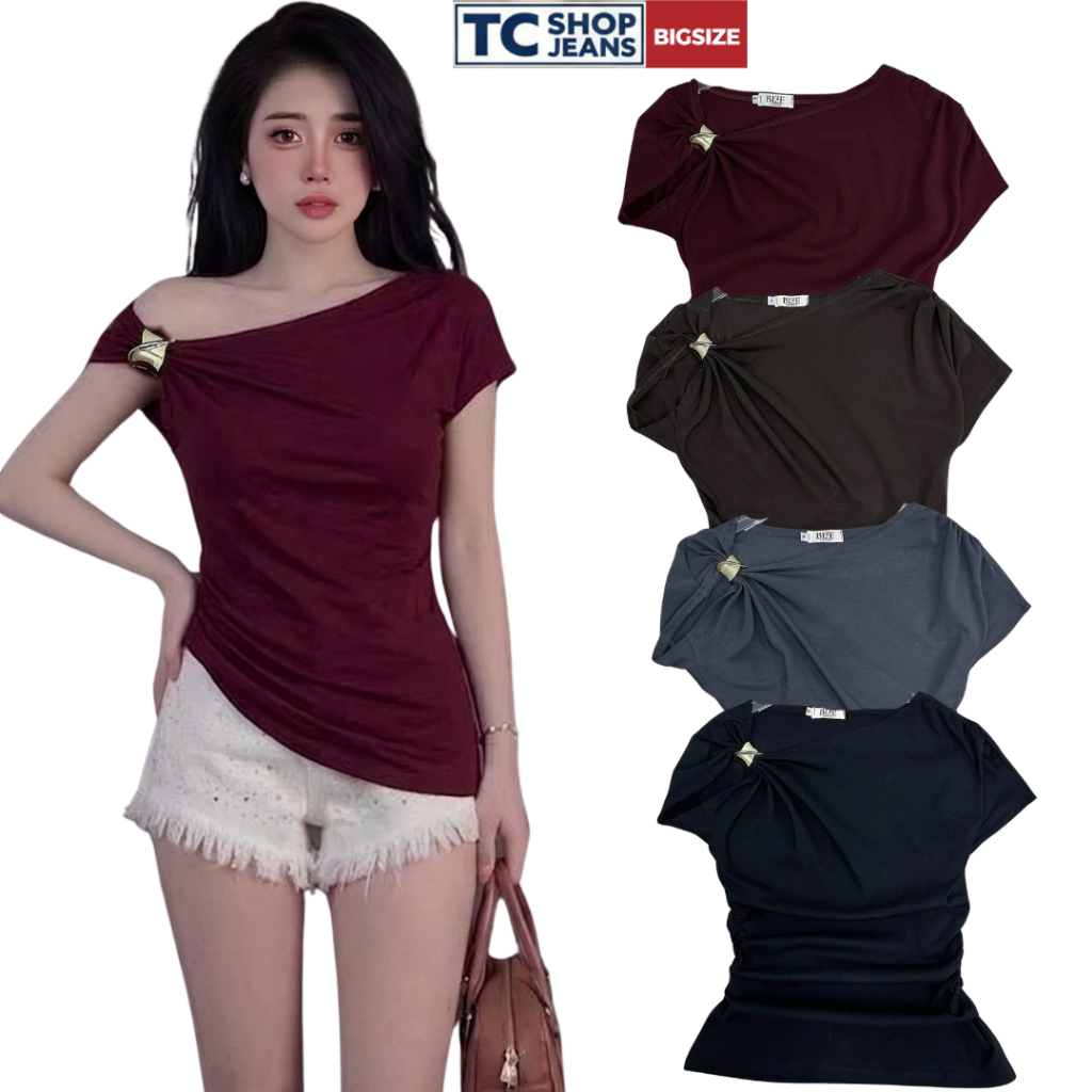 เสื้อยืดผู้หญิงคอปกและป้าย offset ขอบเอวหรูหรา TC SHOP JEANS bigsize 55-90kg คอตตอนบัด MS 9134