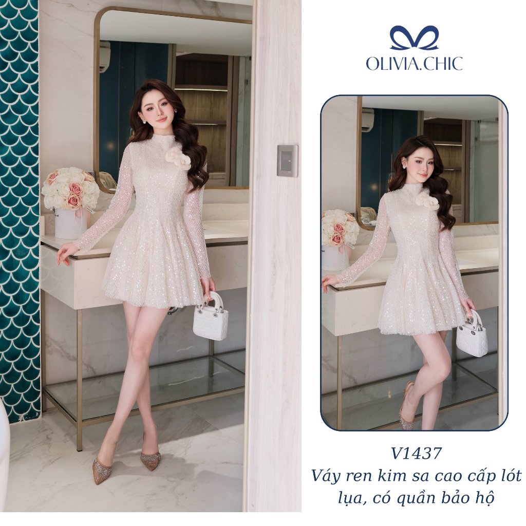 SA OLIVIA.CHIC Luxury Party Dress ทําจากลูกไม้ปักเลื่อม,เดรสสั้นเอวบาน,คอเต่า,นูนดอกไม้ Applique V14
