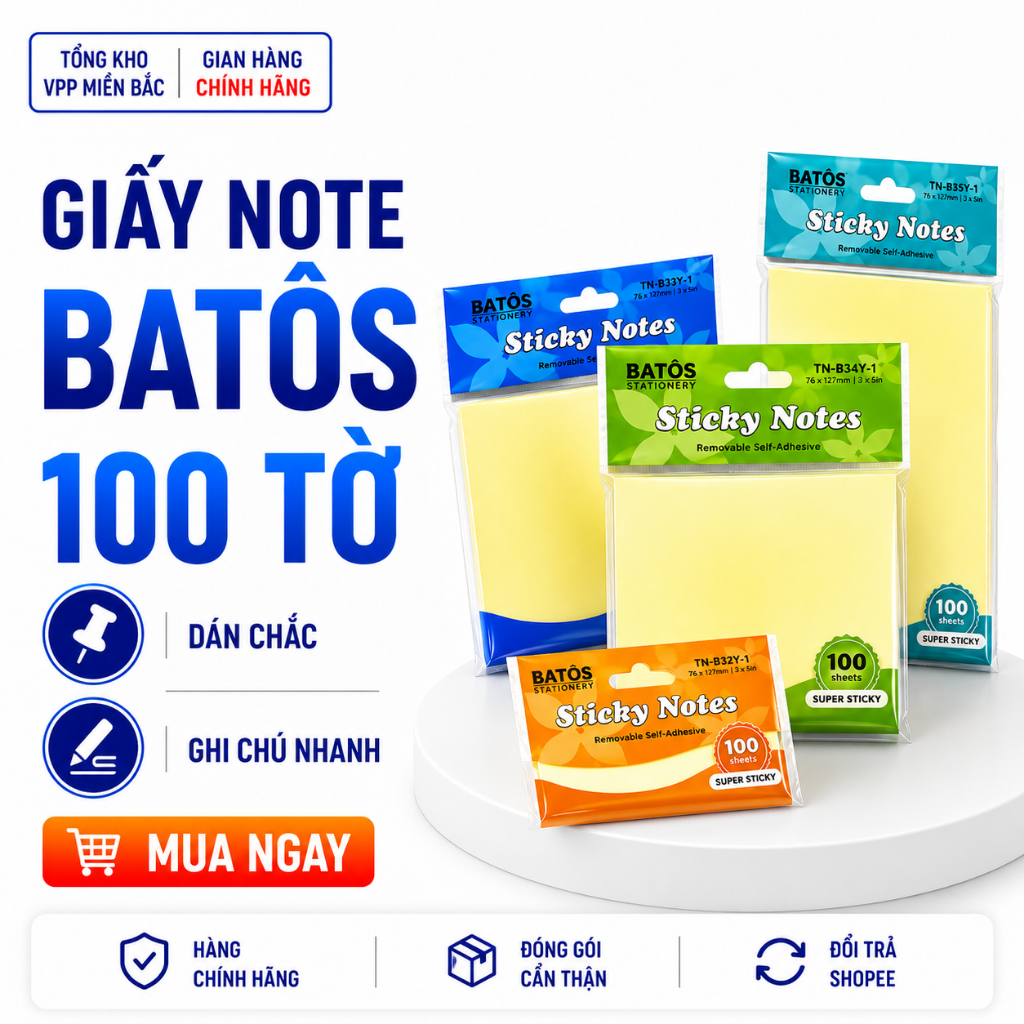 [ของแท้] กระดาษโน๊ต บาโตส 3x2 3x3 3x4 3x5 นิ้ว – กระดาษโน๊ตกาวในตัว 100 แผ่น บันทึกการทํางานและการศึ
