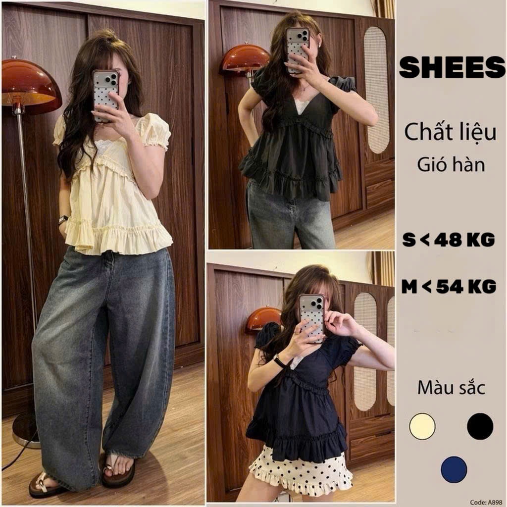 Babydoll เสื้อเชิ้ตแขนสั้นคอวี Ruffle Hem ลูกไม้แขนสั้น SHEES.CLOTHING MA4404