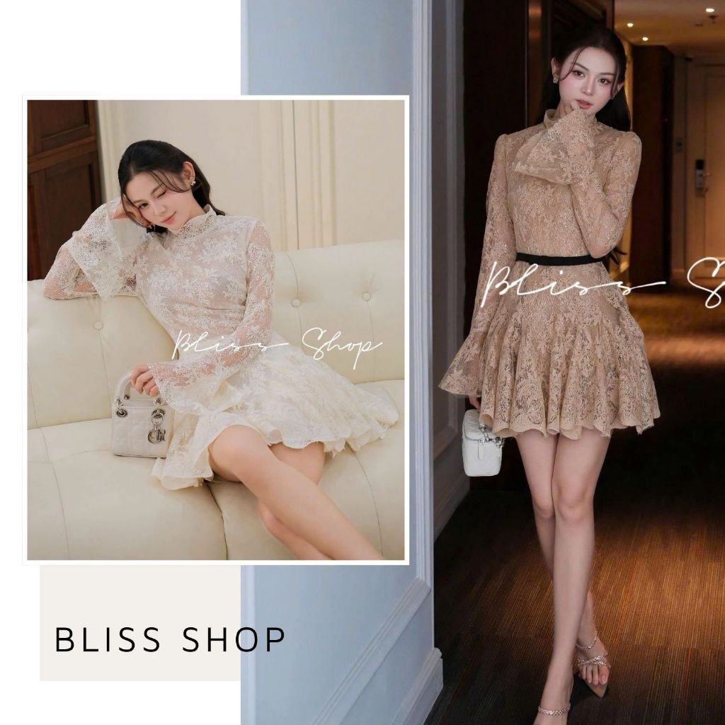[การออกแบบระดับไฮเอนด์] Bliss Shop เดรสลูกไม้แขนสั้นเลดี้หรูหราพร้อมเอวจับจีบ - V839