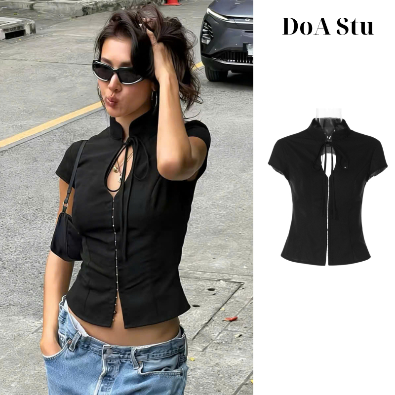 เสื้อเชิ้ตผูกเชือกคอปกผู้หญิง AH26 เสื้อเชิ้ตแขนมัสเซลติดกระดุมหรูหรา DoA Stu