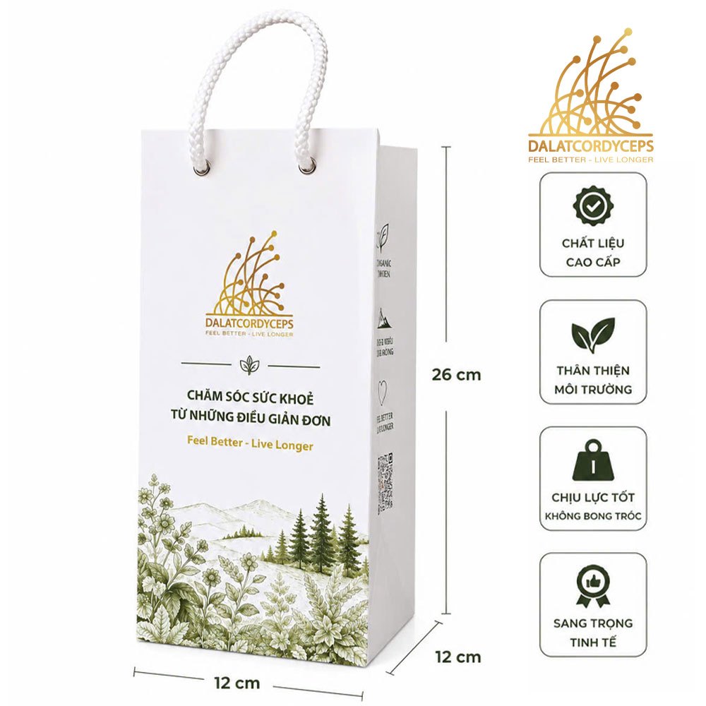 Dalat Cordyceps ถุงกระดาษพรีเมี่ยม 12x12x26ซม. สําหรับขวดของขวัญ