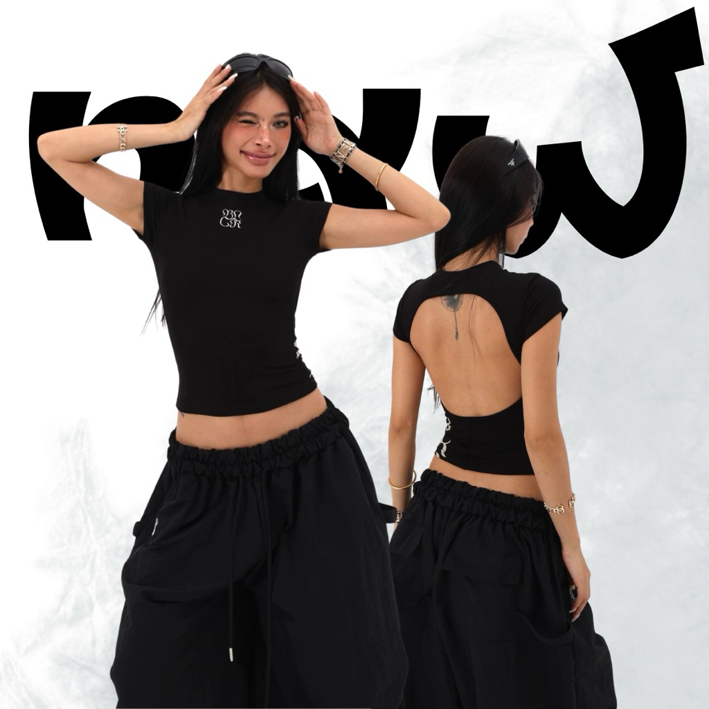 Y2K Style Bodyfit เสื้อยืดเด็กคอกลมแขนสั้นผู้หญิงเปลือยหลัง - RN5