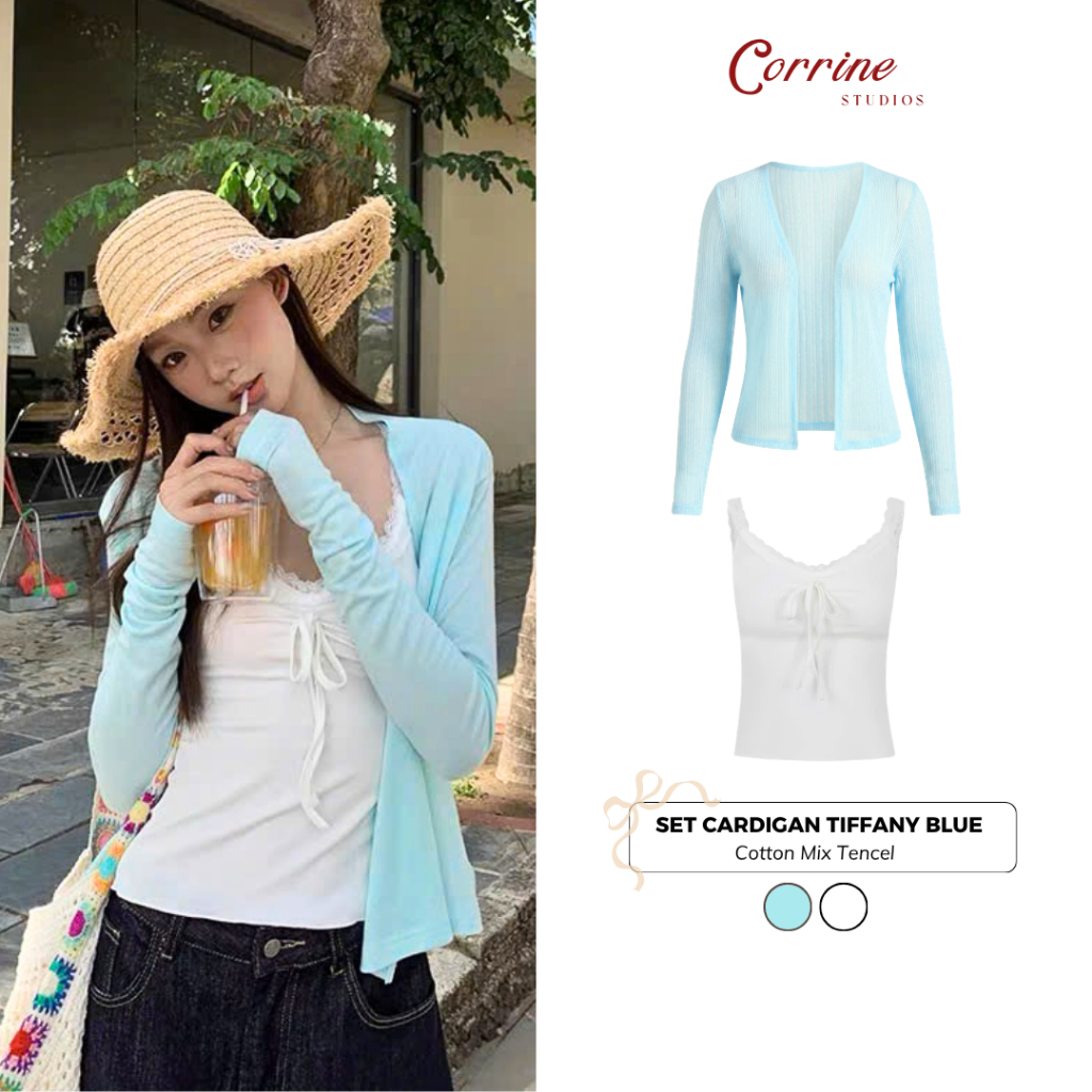 Corine Bow Lace V คอ 2 ชิ้นชุดเสื้อสเวตเตอร์ถักธรรมดาบาง Tiffany Blue อินเทรนด์เกาหลี SCD