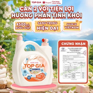 Can Nước Giặt Xả TopGia 2 Vòi Tiện Lợi 4.5KG Lưu Hương Thơm 100H, Kháng Khuẩn 99%, An Toàn Dịu Nhẹ