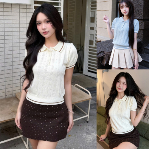 เสื้อกันหนาวโปโลผู้หญิงถัก Perforated Breathable Slim Form Korean Hem สําหรับโรงเรียนและ Work_S1T21