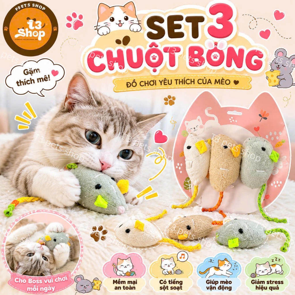 ของเล่นหนูตุ๊กตาสัตว์ 1 ชุด 3 ชิ้น สําหรับแมว - T3 PETS SHOP