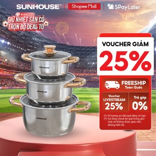 Bộ nồi inox 5 đáy Sunhouse SH781 - gồm 3 nồi với đường kính 16cm-20cm-24cm - Đáy từ dùng mọi loại bếp - 5 lớp đáy