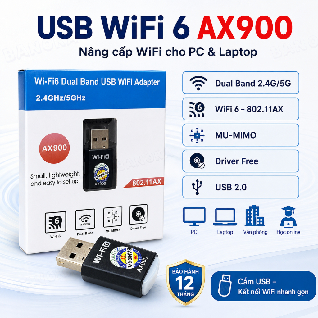 USB WiFi 6 AX900 Dual Band 2.4G/5G สําหรับแล็ปท็อปพีซี, 12 เดือน