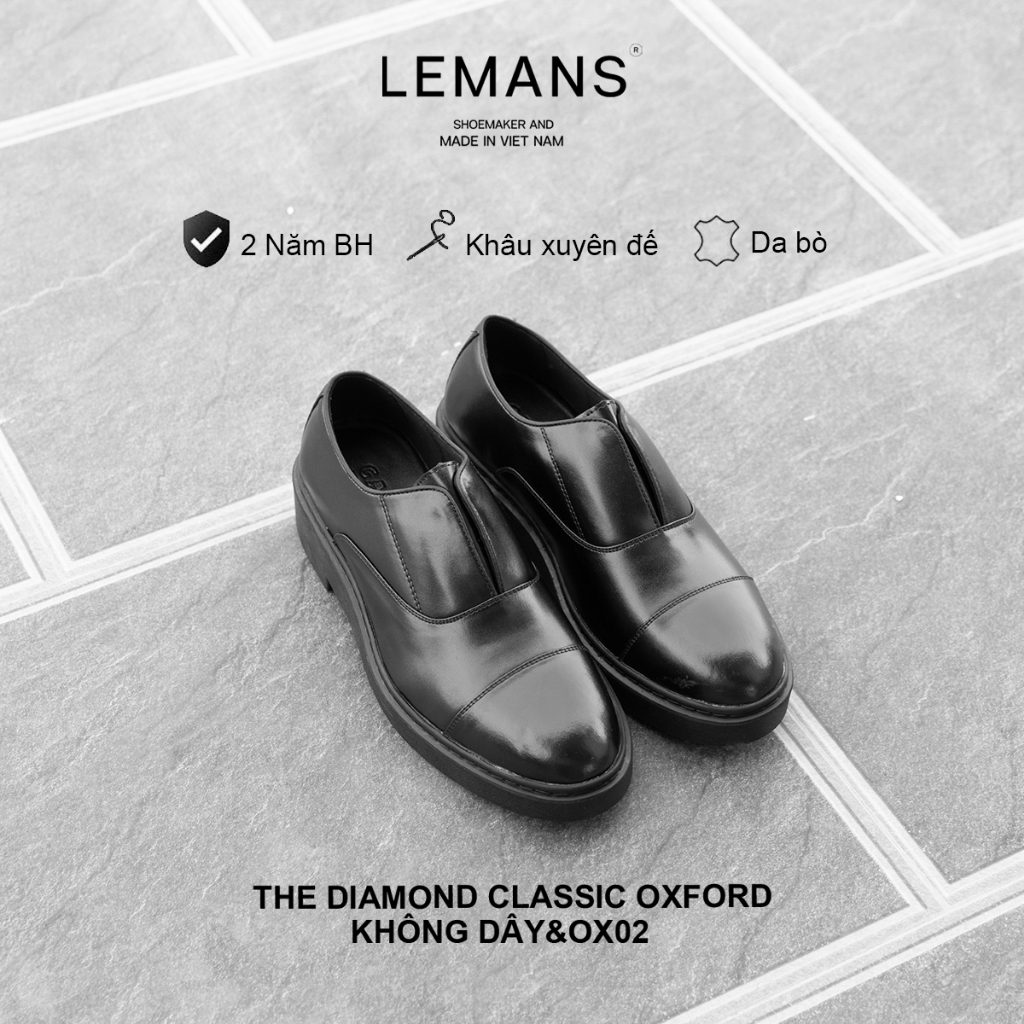 รองเท้าผูกเชือก The Diamond Oxford LEMANS หนังวัวสีดํา OF02.5 พื้นรองเท้าเย็บ Lemans พิเศษเพิ่มความสูง 4 ซม. สําหรับ 12 เดือน