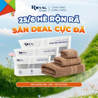 Bộ 3 Khăn Mặt Khăn Gội Khăn Tắm Royal Towel Sợi Cotton Mềm Mịn, Thấm Hút Tốt, Không Xổ Lông, Không Phai Màu