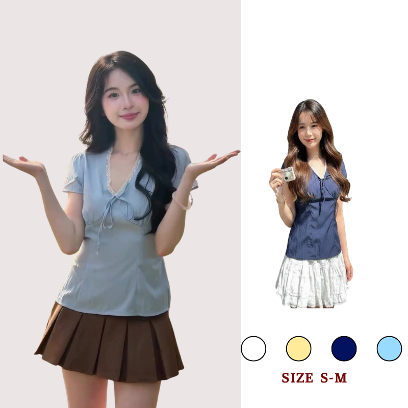 เสื้อคอเต่าลูกไม้ผู้หญิงผูกโบว์ด้านหลังฟรีไซส์เสื้อฤดูร้อนแบบไดนามิก ฮ่า202