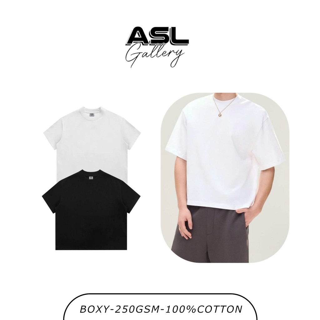 ASL Gallery เสื้อยืด Basic Plain ทรง Boxy สีขาว/ดํา 250GSM ผ้าคอตตอนเนื้อนุ่ม โปร่ง 100 ตัว