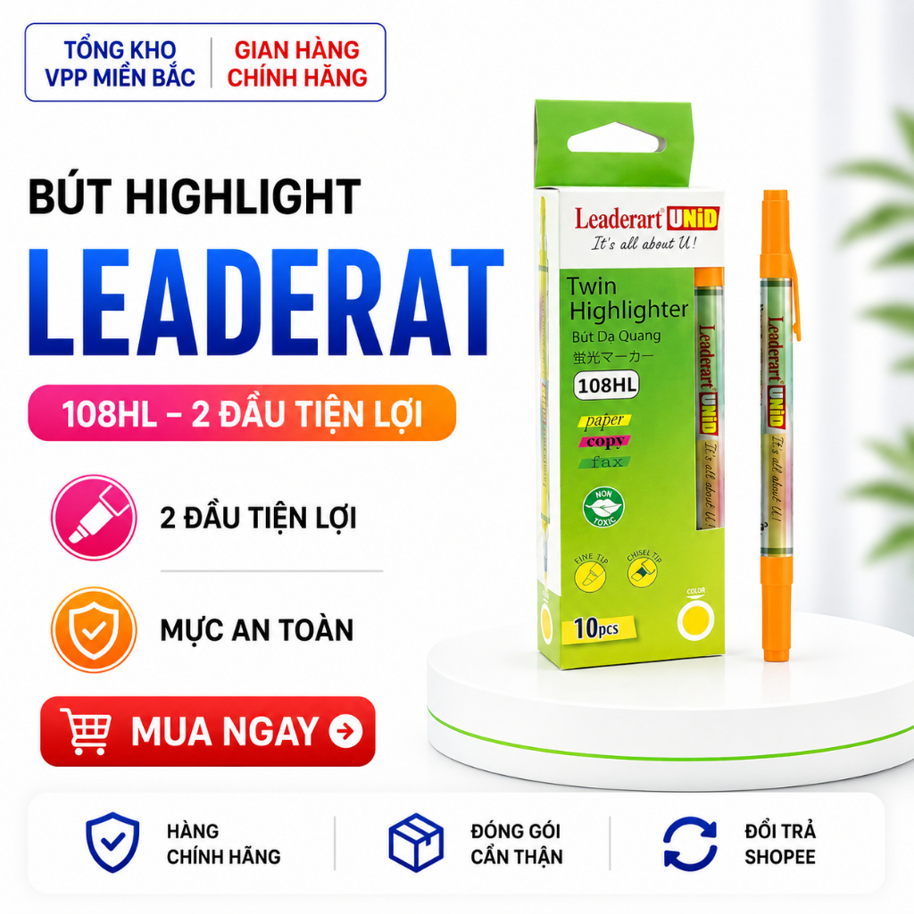 ปากกาไฮไลท์ 2 หัว Leaderat LA108HL - กล่อง 10 ชิ้น สินค้าของแท้ ไม่เป็นพิษ Xylene