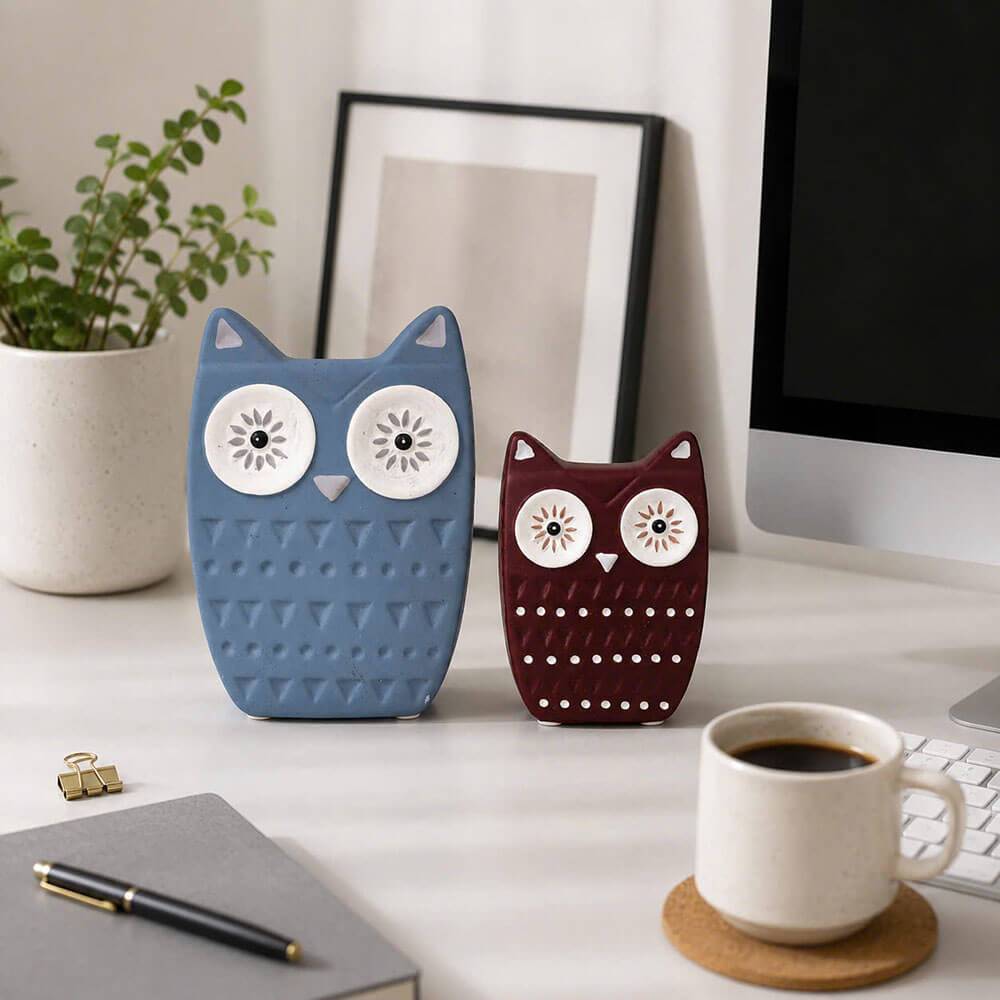 RED BLUE DECOR OWL STATUE SET - BEAUTIFUL, UNIQUE HOME DECORTATION