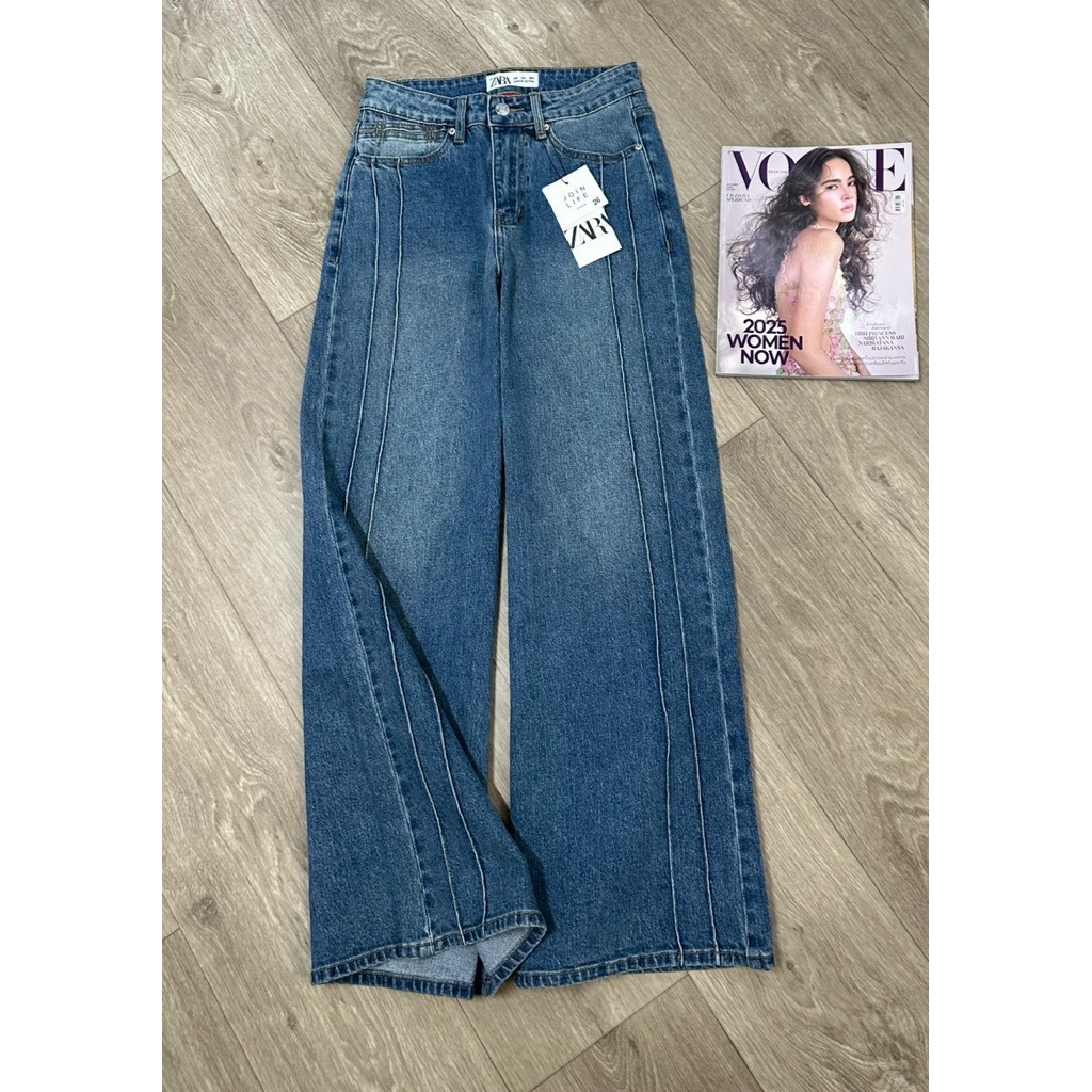ZARA wide leg jeans กางเกงยีนส์สีฟอก เอวสูง เอวยืด ผ้ายืดนิดๆ งานสวย