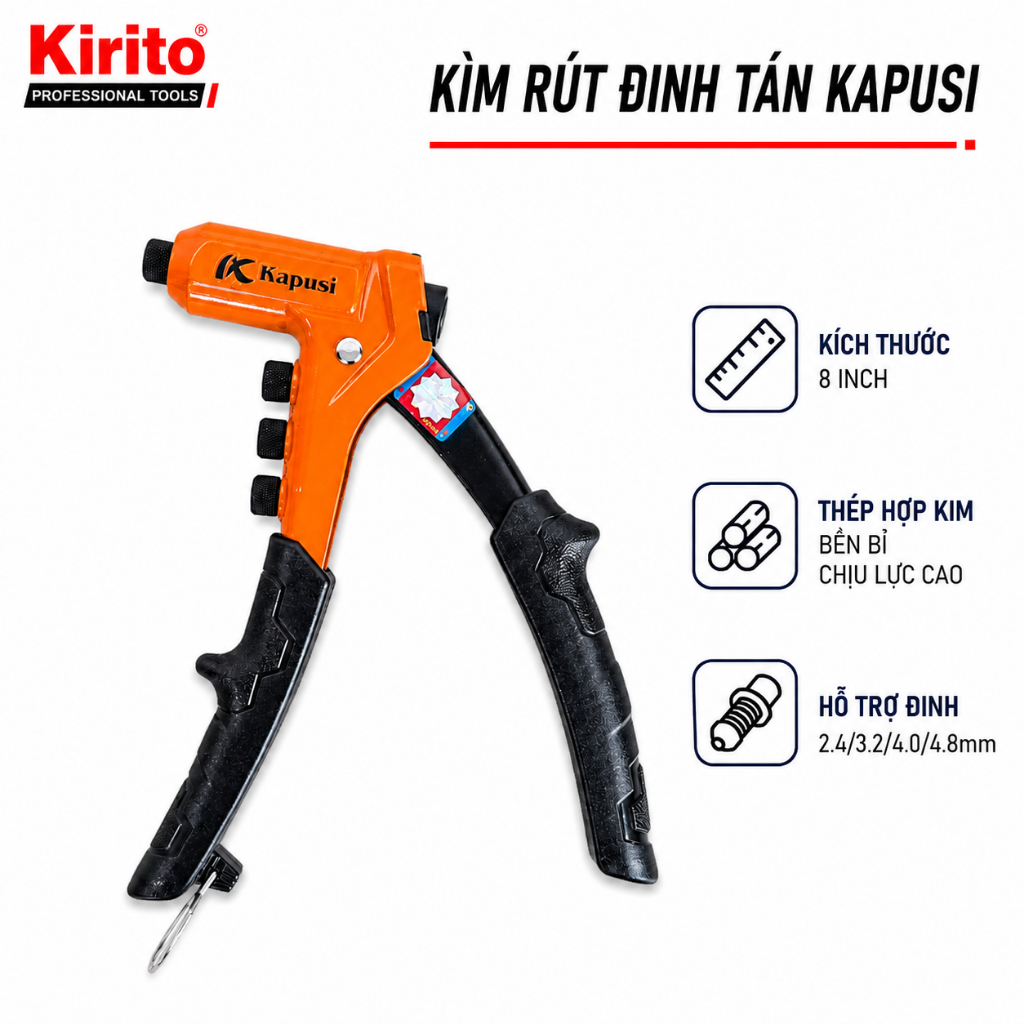 Rive Kapusi K6805 คีมตอกหมุด 8 นิ้ว – รองรับหมุดย้ํา 2.4/3.2/4.0/4.8 มม., โลหะผสมเหล็กความแข็งแรงสูง