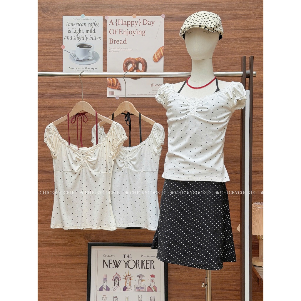 Chicky Cockie - เสื้อลายจุด 2 ชั้นผูกคอ - AB0771
