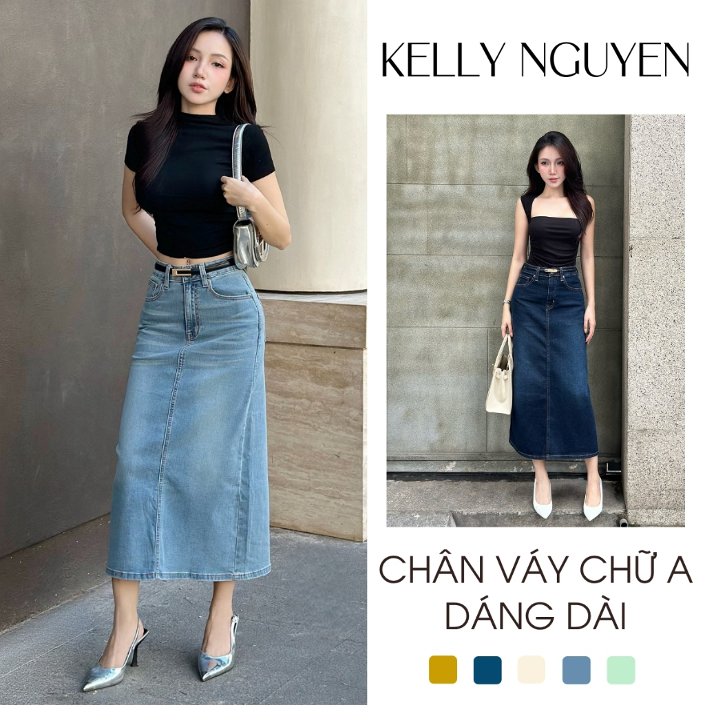 Hottrend Jean Skirt พร้อมเอวสูงและหุ่นแบนทําจากวัสดุยืดคุณภาพสูง - KellyNguyen CVJ003