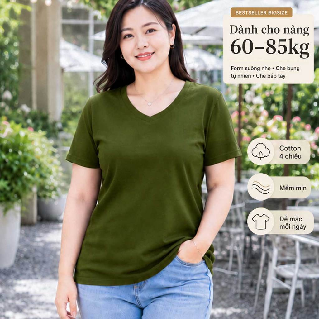 TOLI BSA47 BIGSIZE เสื้อยืดผู้หญิงคอเต่าผ้าฝ้ายยืด 4 ทิศทางทรงหลวมง่าย แบบตั้งแต่ 59–85kg