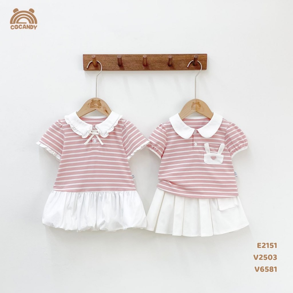 COCANDY Girls Set - เสื้อโปโลลายทางสีชมพู มีกระเป๋ากระต่าย E2151 V6531 V2503 V6581