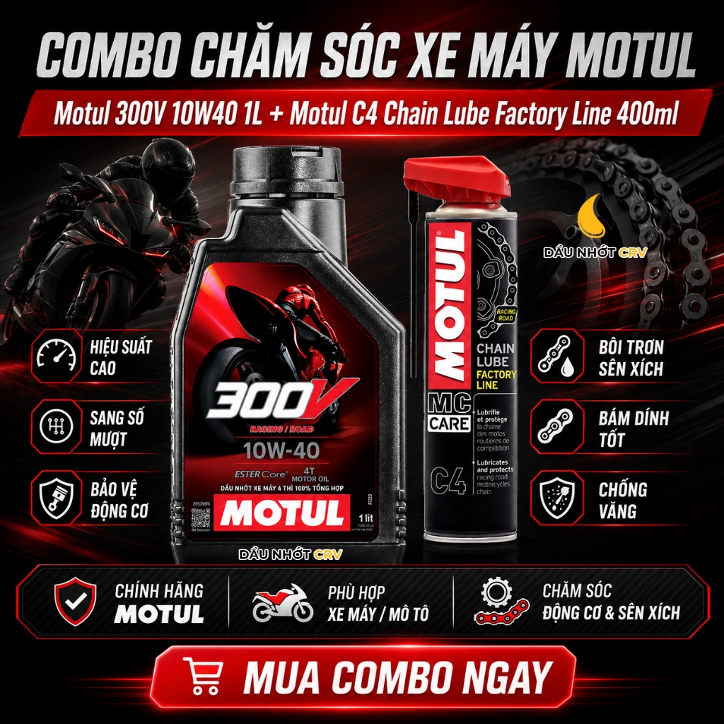 Combo Motul 300V 10W40 Racing Road 1L Oil และ Motul C4 Chain Conditioning Spray 400ml สําหรับรถจักรย