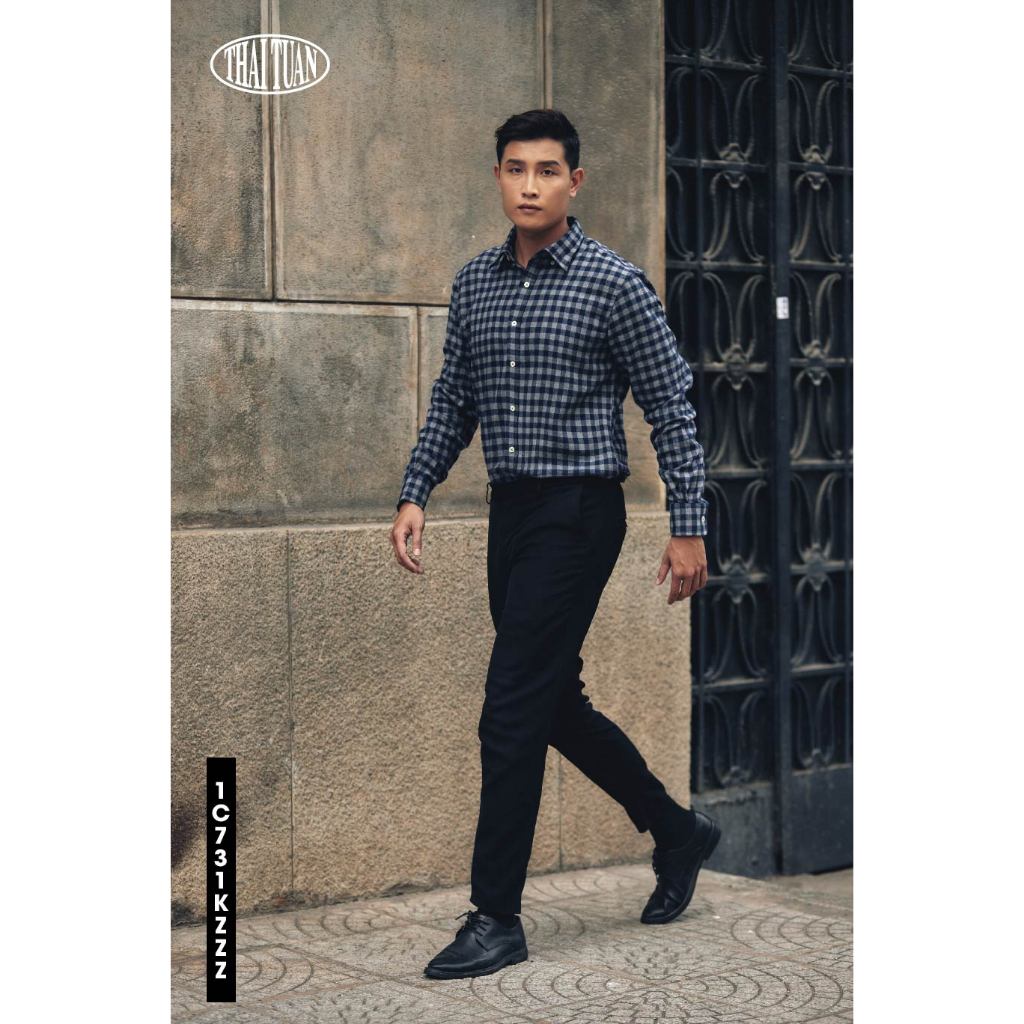 เสื้อเชิ้ตแขนยาวผู้ชายไทยต้วน ลายกรมท่า x เทา 1C731K- ไทยต้วน แฟชั่น