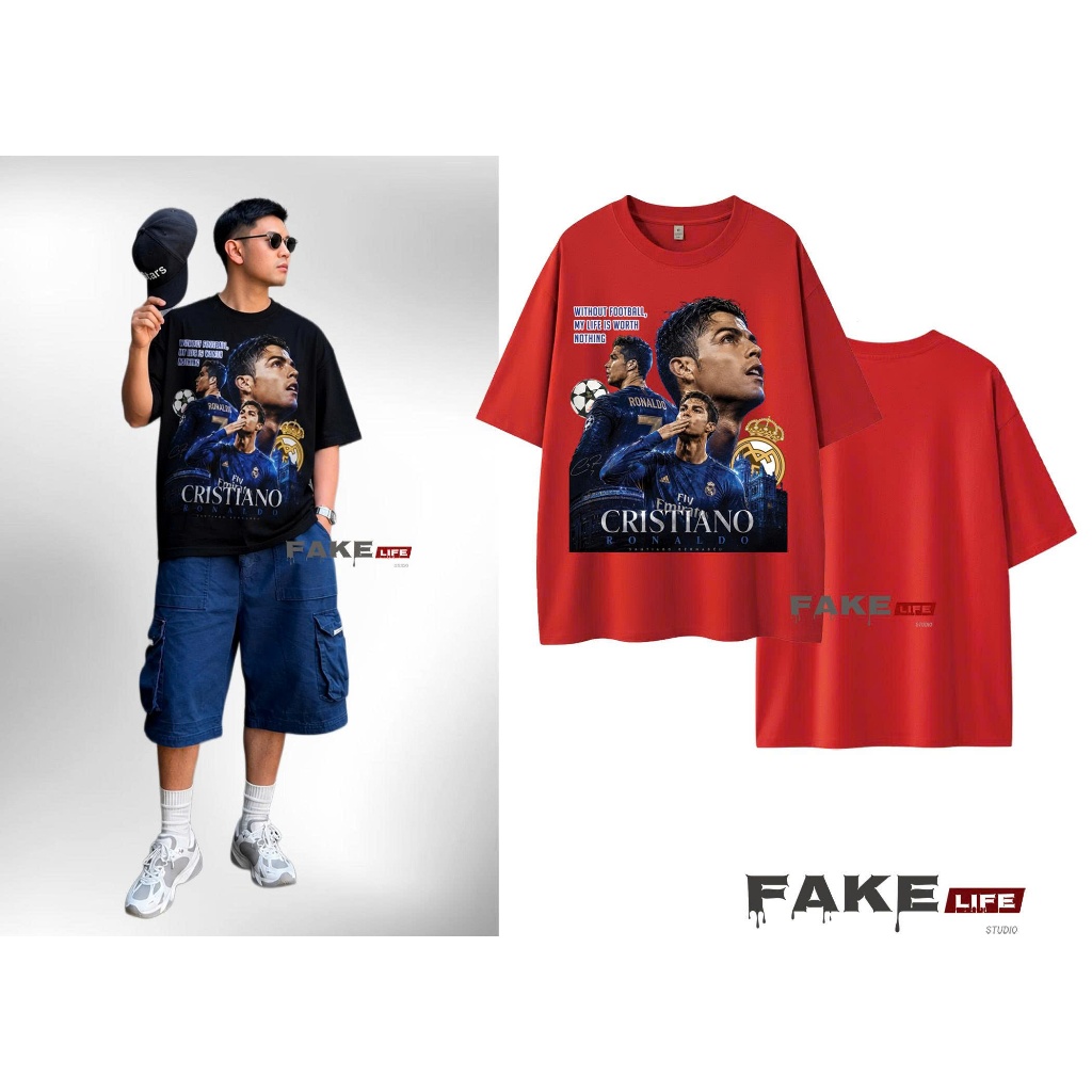 เสื้อยืดพิมพ์ลาย CR7 unisex FAKE LIFE SPORTS MODEL ทรงหลวม ผ้าคอตตอน 100%