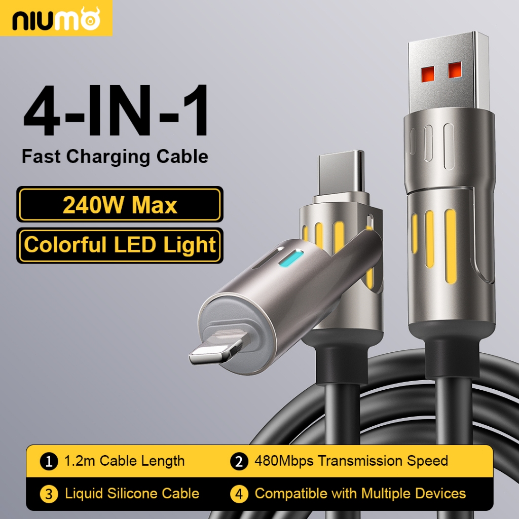 NIUMO 4 in 1 240W สายชาร์จเร็ว Type C สายเคเบิลข้อมูลโทรศัพท์มือถือพร้อมไฟเติมสีสันสดใส