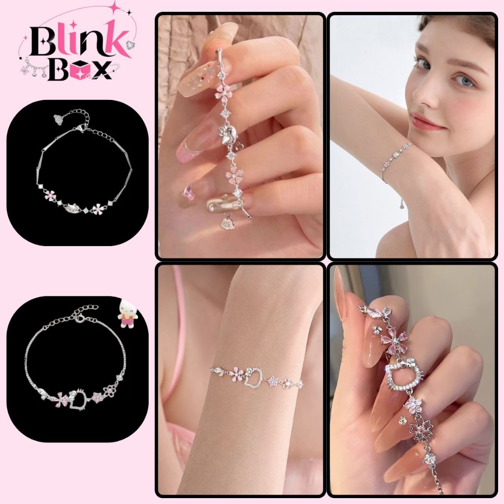 Hello Kitty Sparkling Stone Bracelet - Womens Thin Thread Bracelet with Pink Cherry Blossom Coquette