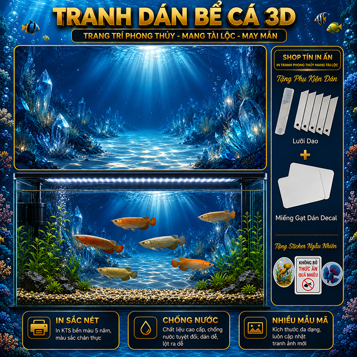 Ocean Blue Crystal 3D Aquarium สติกเกอร์,กันน้ํา Blue Sea Aquarium ฉากหลังรูปลอก HC103