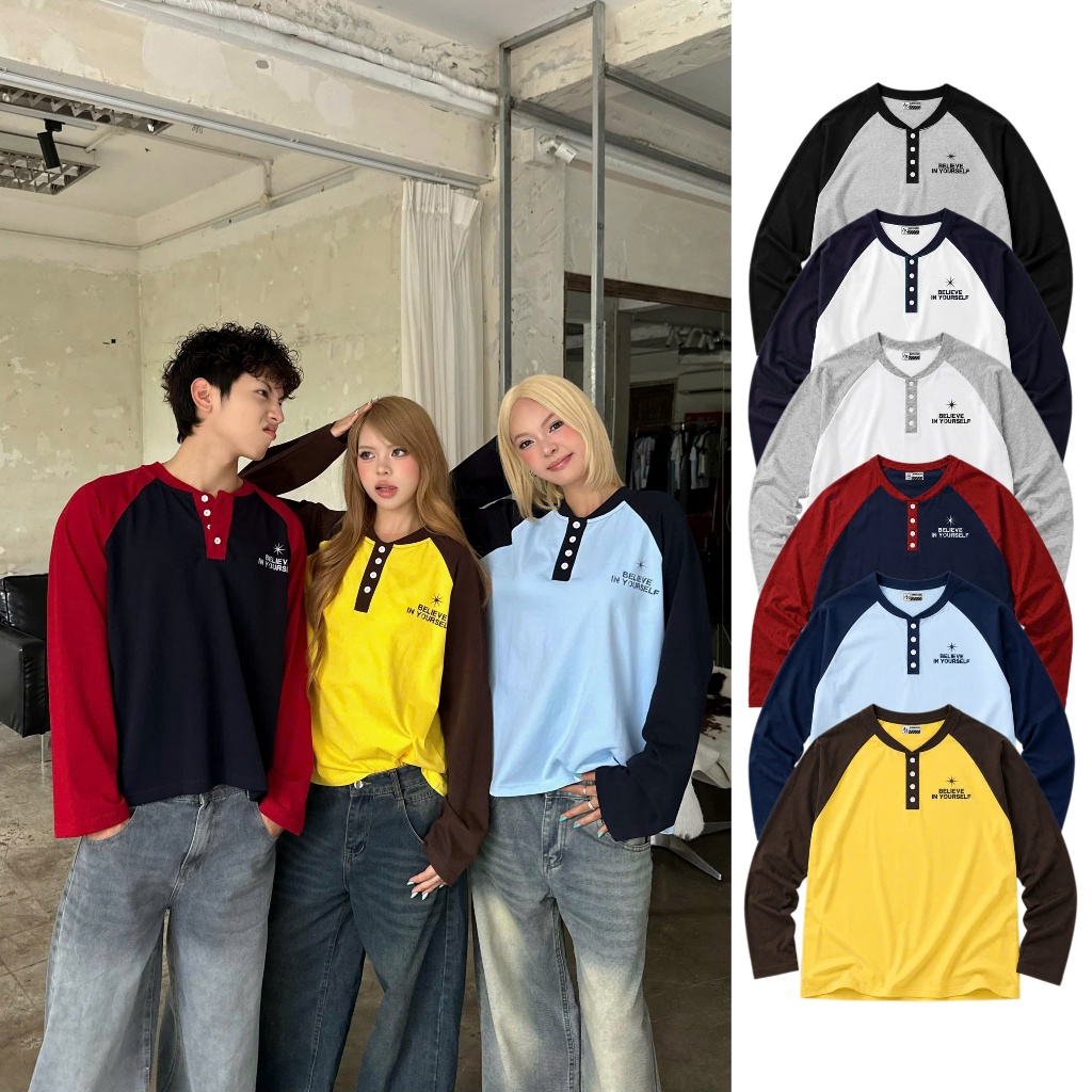 AB HOUSE - BELIEVE เสื้อยืดกระดุมแขนยาวสําหรับผู้ชายและผู้หญิง (DRAWABLE TREATMENT)